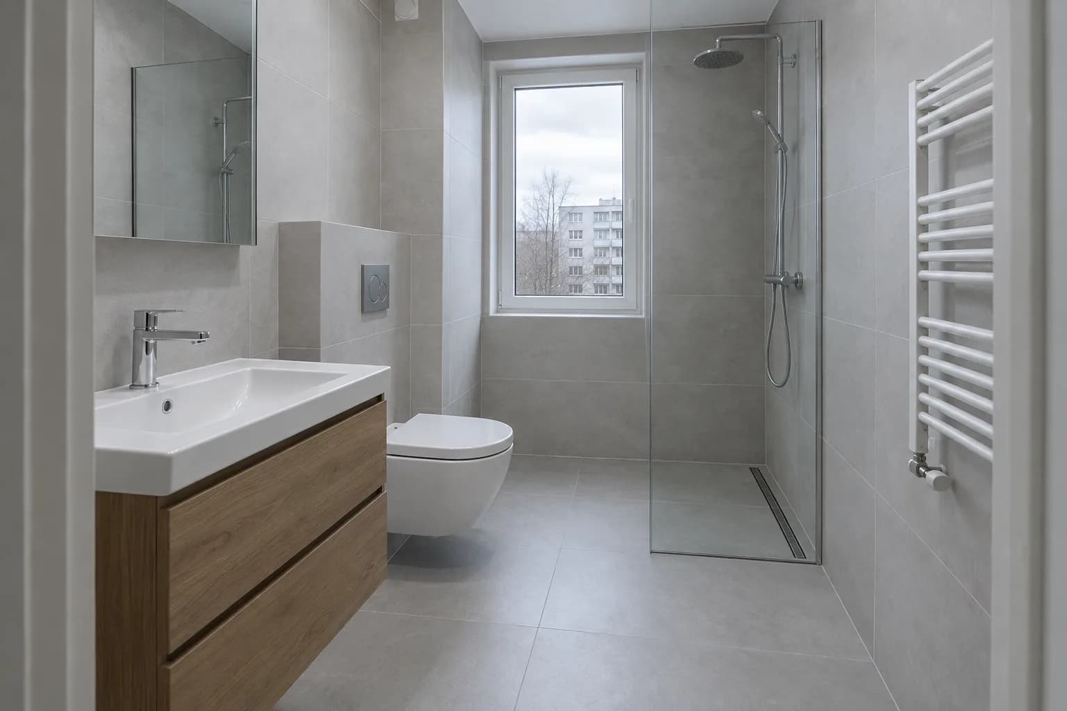 Renoveeritud vannituba hallide plaatide, seinapealse WC-poti, puidust valamukapi ja klaasseinaga dušiga